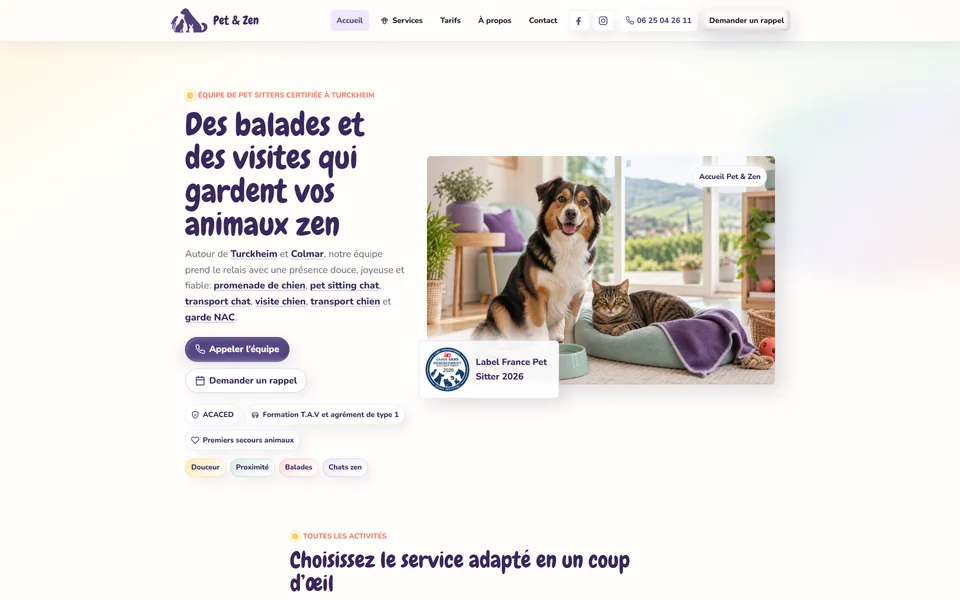 Page d’accueil du site Pet & Zen