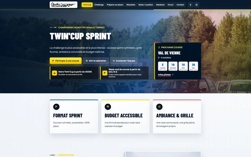 Page d’accueil du site Twin’Cup Sprint